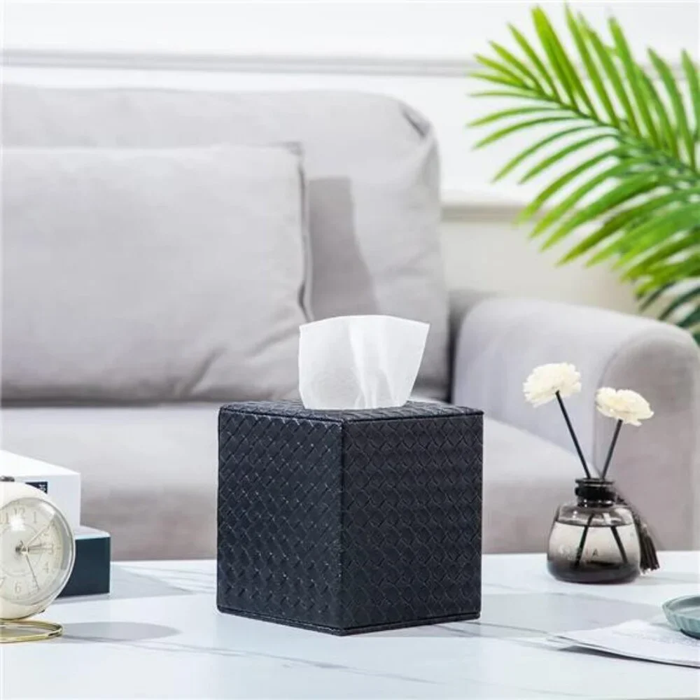 PU leather square tissue box cover holder for bathroom bedroom office deco Black